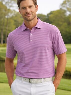 Peter Millar Crown Crafted Pink & Navy Stripe Polo Shirt XL Performance Stretch